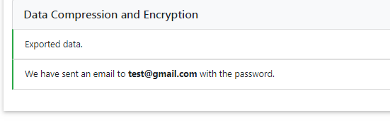 Job summary page showing a completed Data Compression and Encryption step. A notification indicates that the password has been sent via email to the user.