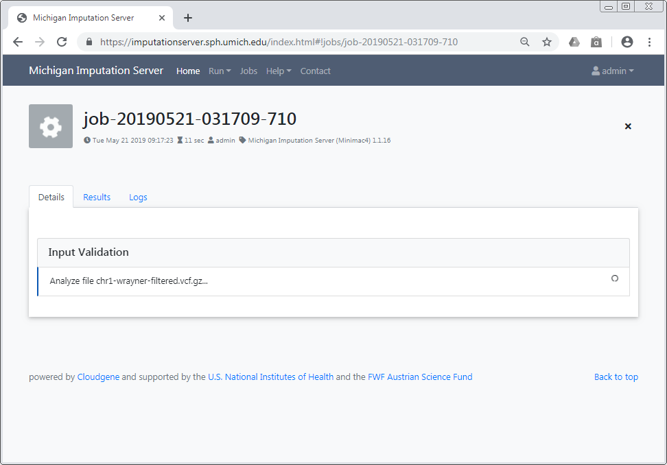 Job summary page showing an in-progress message for the Input Validation step.