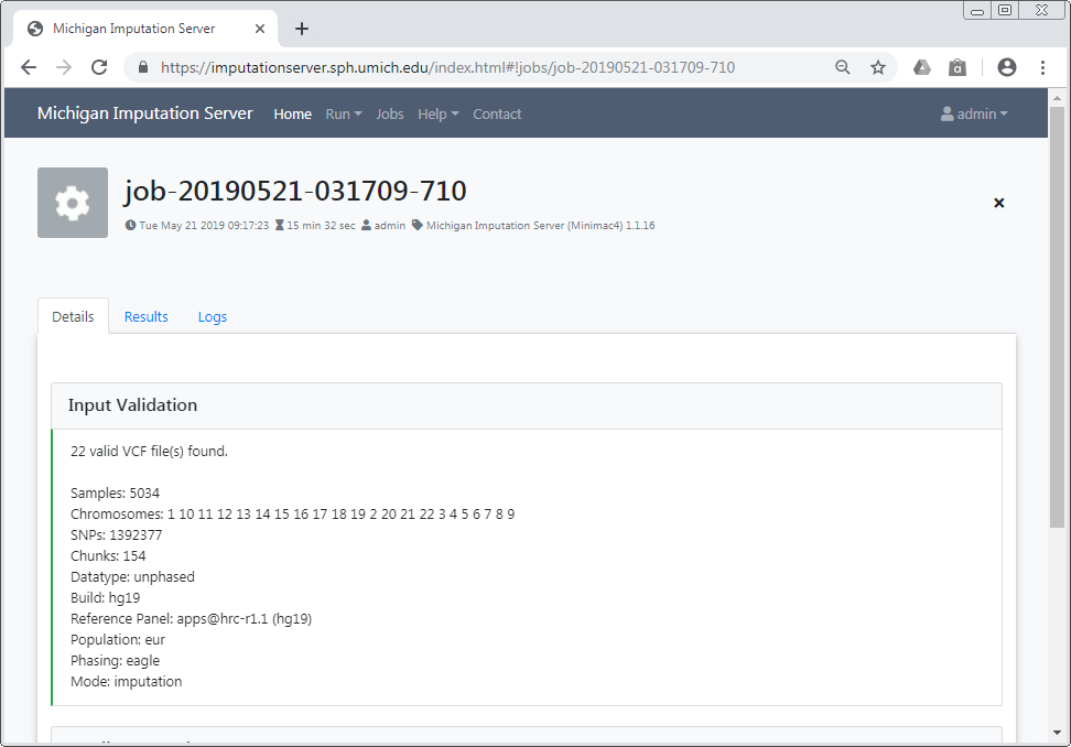 Job summary page showing an in-progress job that has completed its Input Validation step. Basic statistics are shown.
