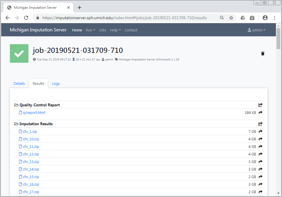 Job summary page displaying a completed job. A listing shows all files available for download.