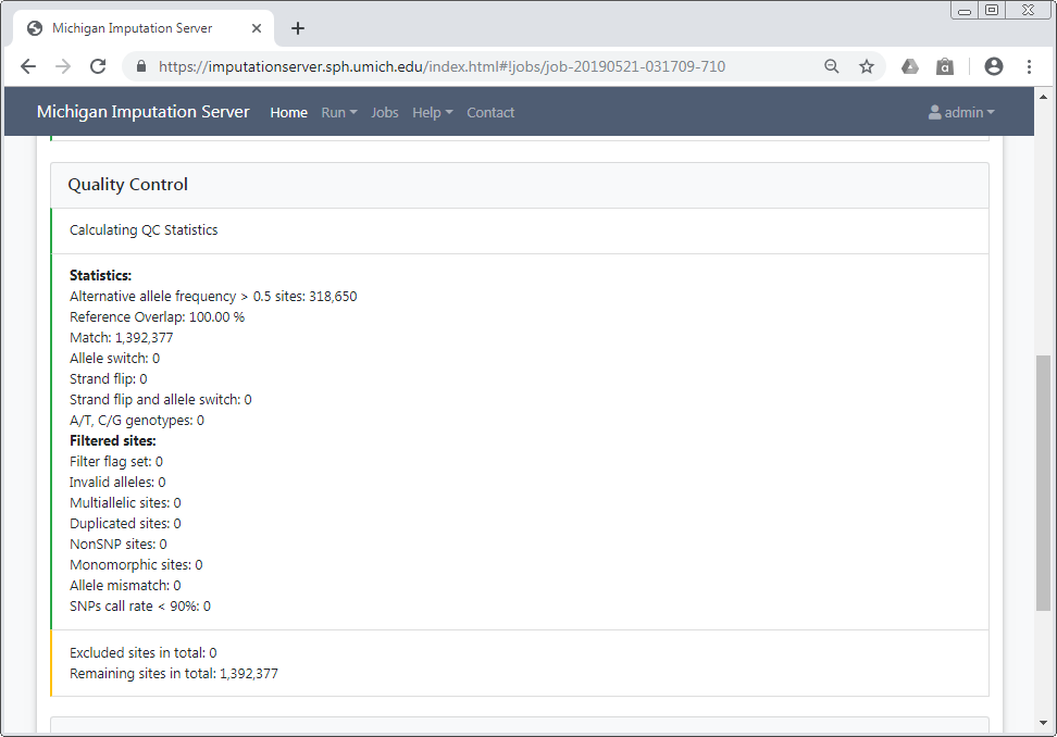 Job summary page showing Quality Control results. Various statistics are displayed.