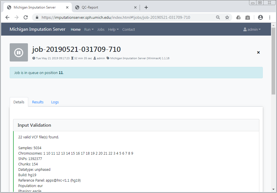 Job summary page showing a waiting job, and its position in the queue.