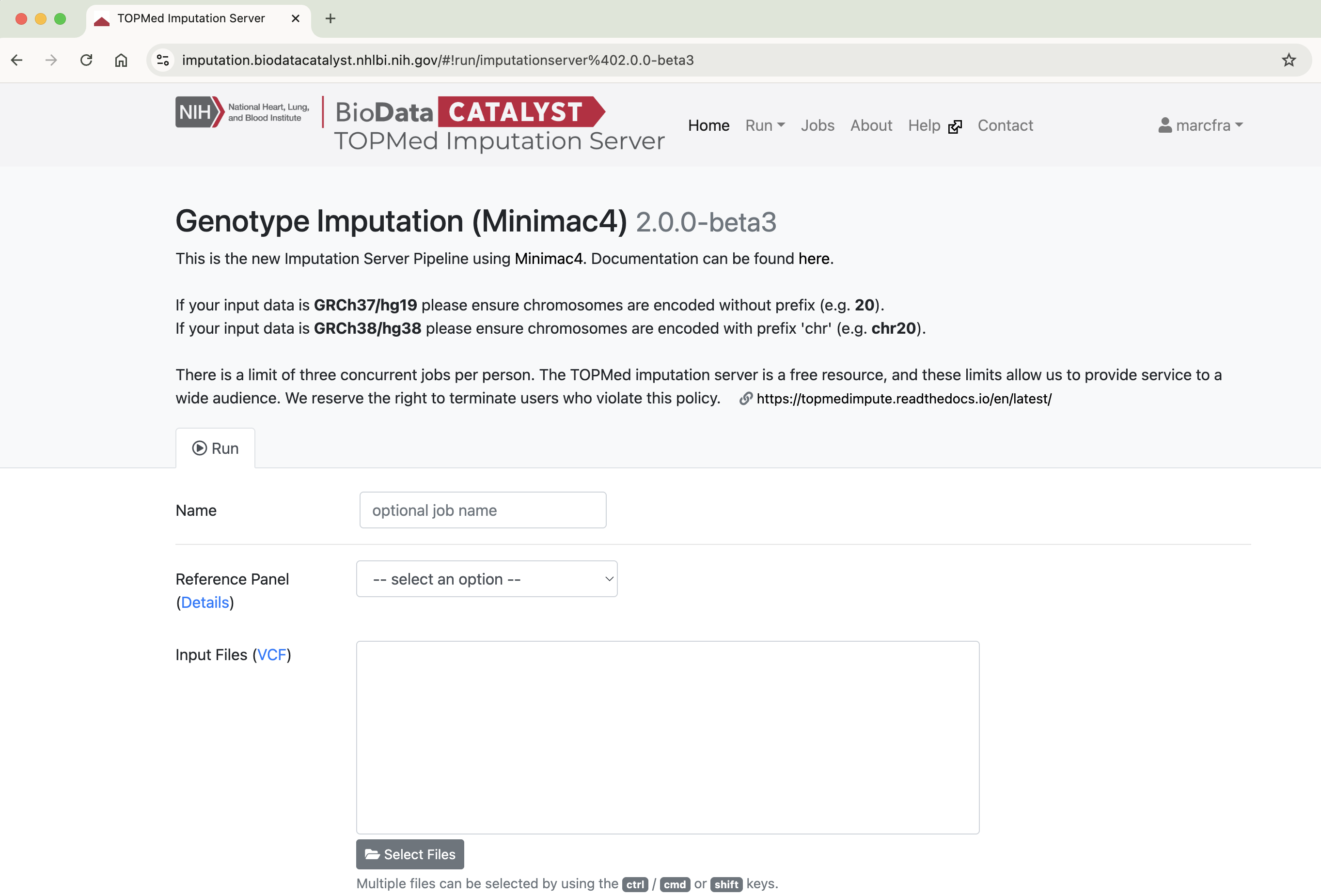 TOPMed Imputation Server job submission page.
