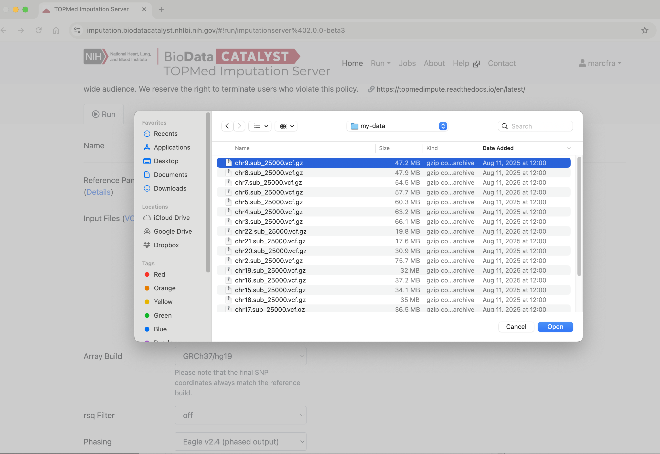 File selection box open, showing VCF files.